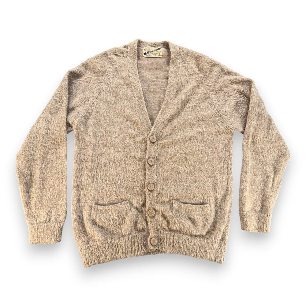 Vintage Alpaca Wool Sweater Adult MEDIUM Brown Knit Cardigan Furry Cobain 60s